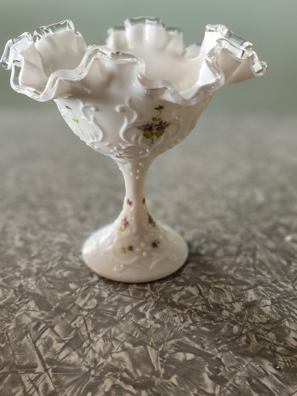 Ruffled Fenton Milk Glass Compote with Hand-Painted Floral Detail